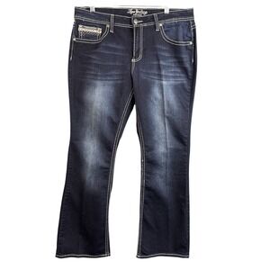 Love Indigo Women's 14 Dark Blue Boot Cut Jeans With Embroidered Pockets